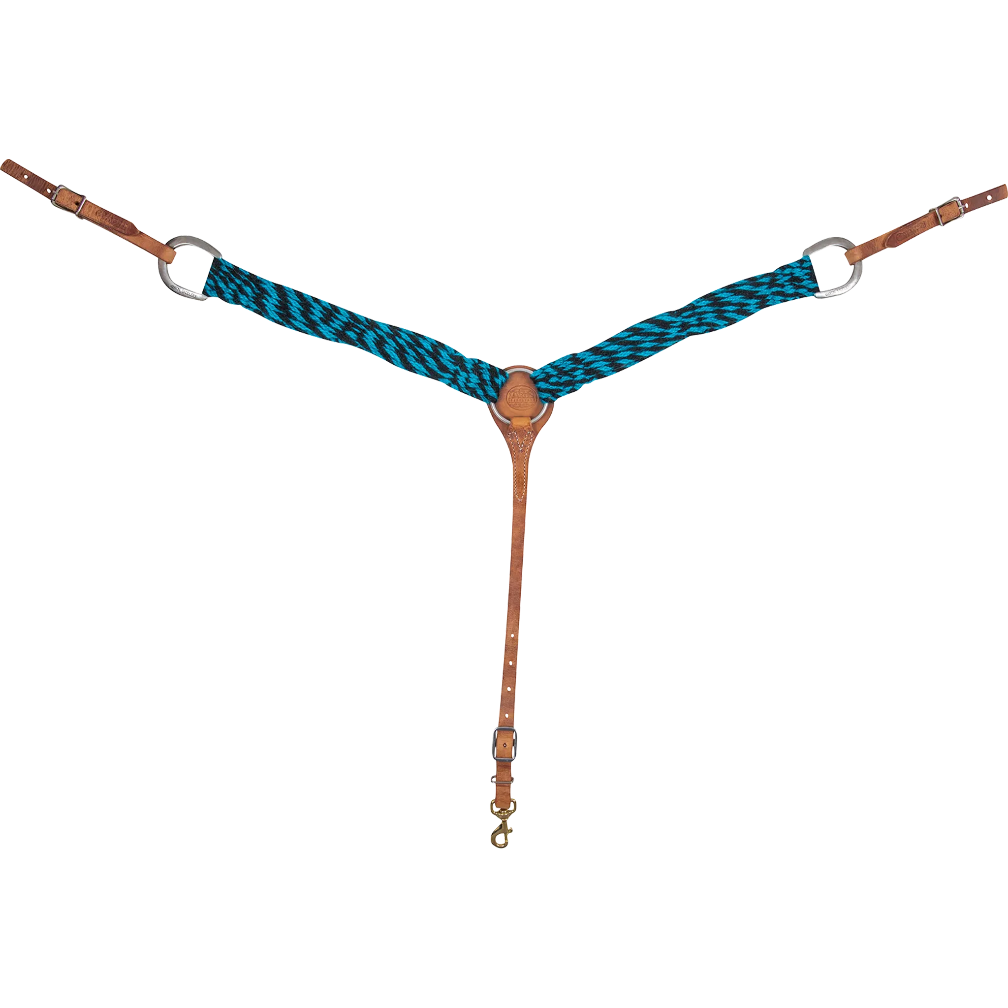 Turquoise-black mohair breastcollar seen from the front in full. Turquoise and black mohair strands form the 2-inch shoulder straps, which join tan leather at a center ring, with buckled tug straps and a tie-down strap ending in a snap.