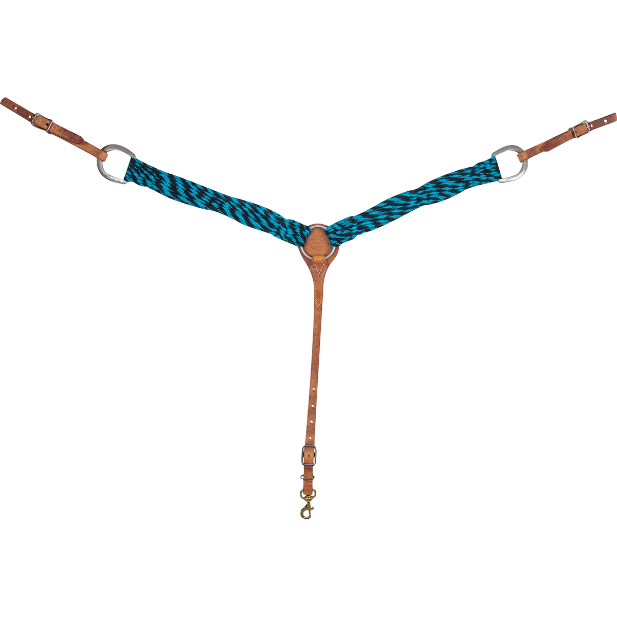 Turquoise-black mohair breastcollar seen from the front in full. Turquoise and black mohair strands form the 2-inch shoulder straps, which join tan leather at a center ring, with buckled tug straps and a tie-down strap ending in a snap.