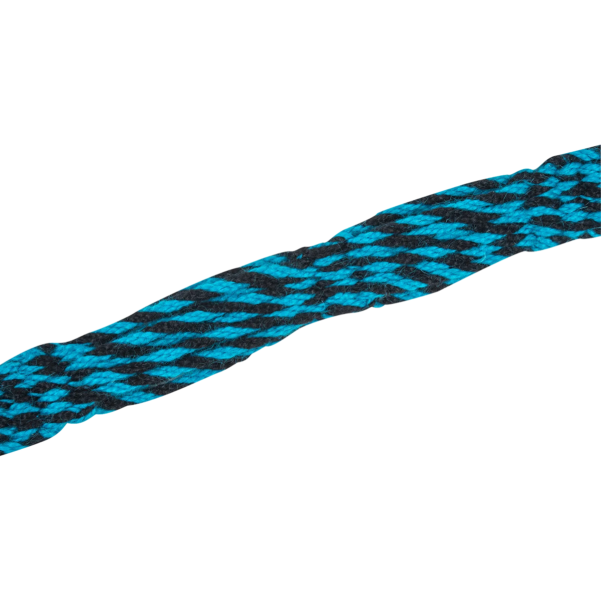 Turquoise-black mohair breast collar strap angled across the frame. Turquoise and black strands of real mohair fiber cross in a woven pattern, soft and pliable for long trail rides.