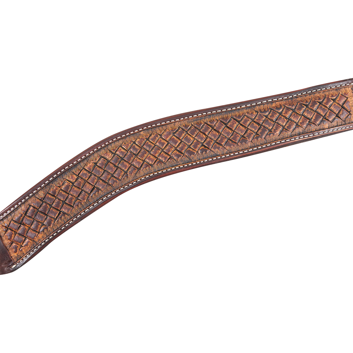 Weathered antique leather breast collar strap curving across the frame. The weave tooling is framed by dark edges and white stitching on this handmade skirting leather strap.