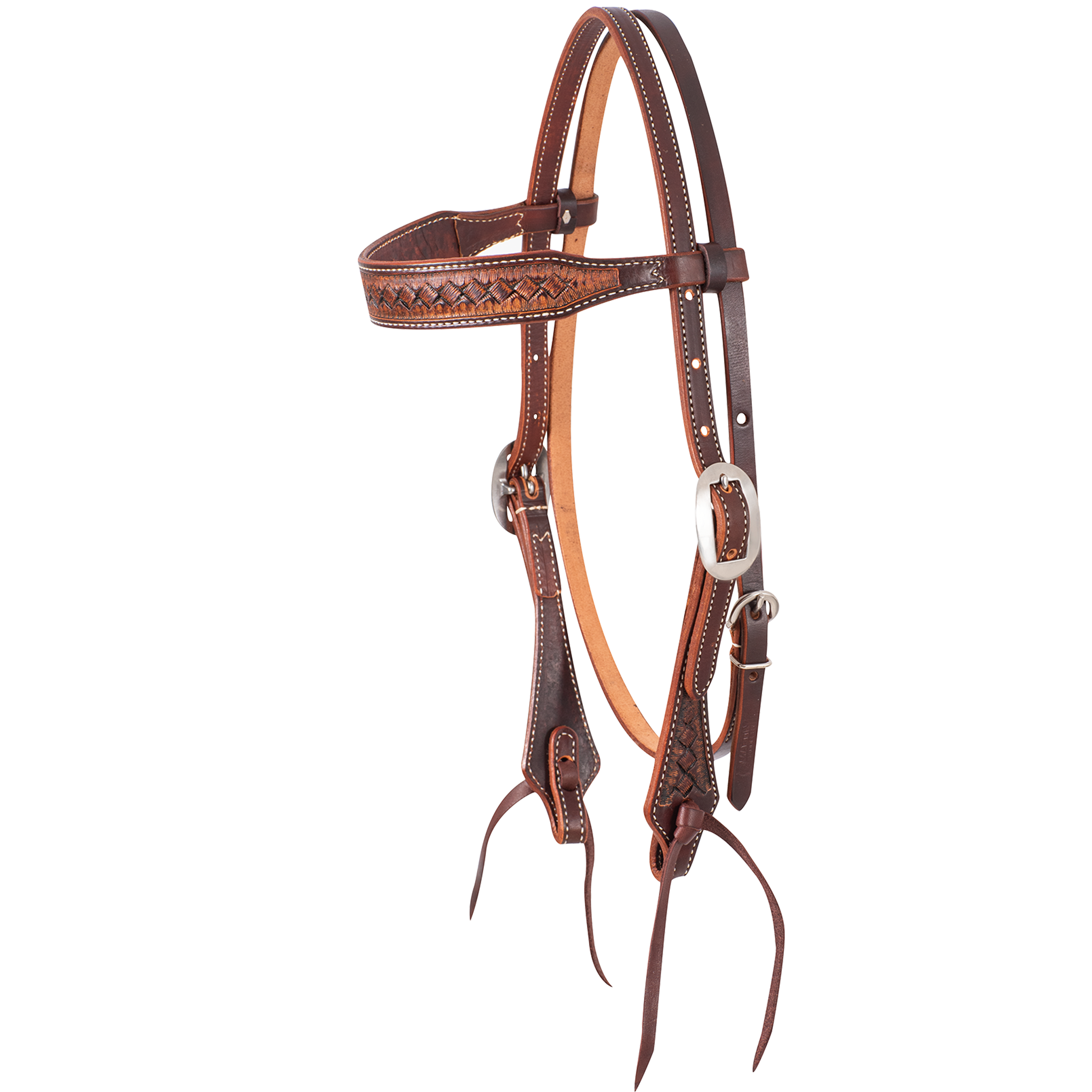 Weathered antique browband headstall with latigo ties, seen from the front quarter. A weave stamp covers the shaped browband and cheeks of the skirting leather, finished with cart buckles.