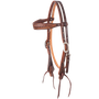 Weathered antique browband headstall with latigo ties, seen from the front quarter. A weave stamp covers the shaped browband and cheeks of the skirting leather, finished with cart buckles.