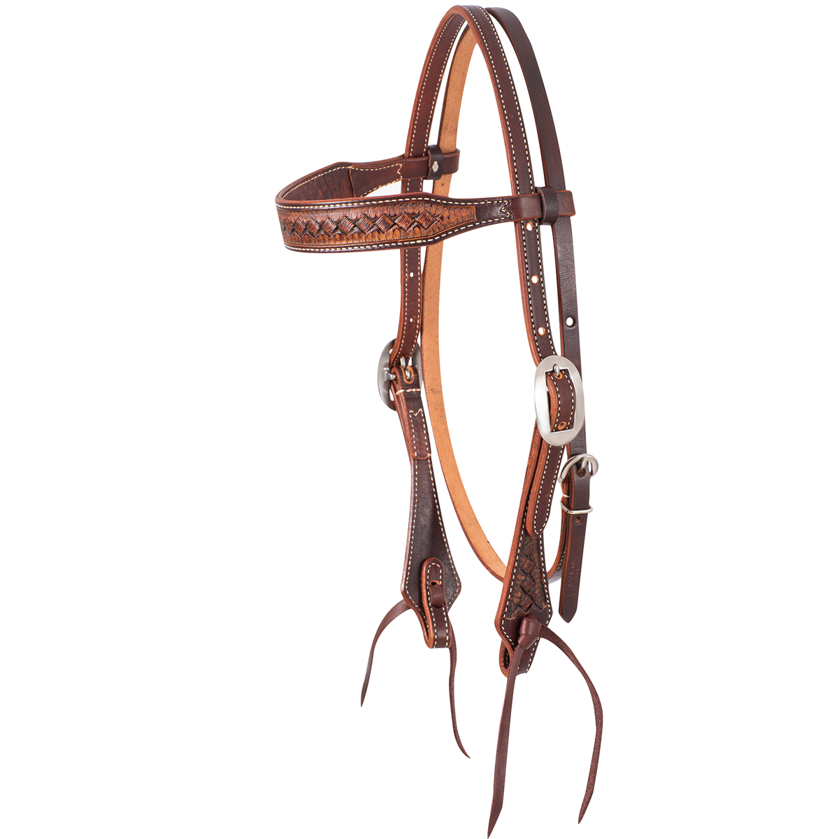 Weathered antique browband headstall with latigo ties, seen from the front quarter. A weave stamp covers the shaped browband and cheeks of the skirting leather, finished with cart buckles.