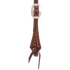 Weathered antique headstall cheek seen up close, with a cart buckle above a weave stamped end and a latigo tie. White stitching follows the edges of the cheek.