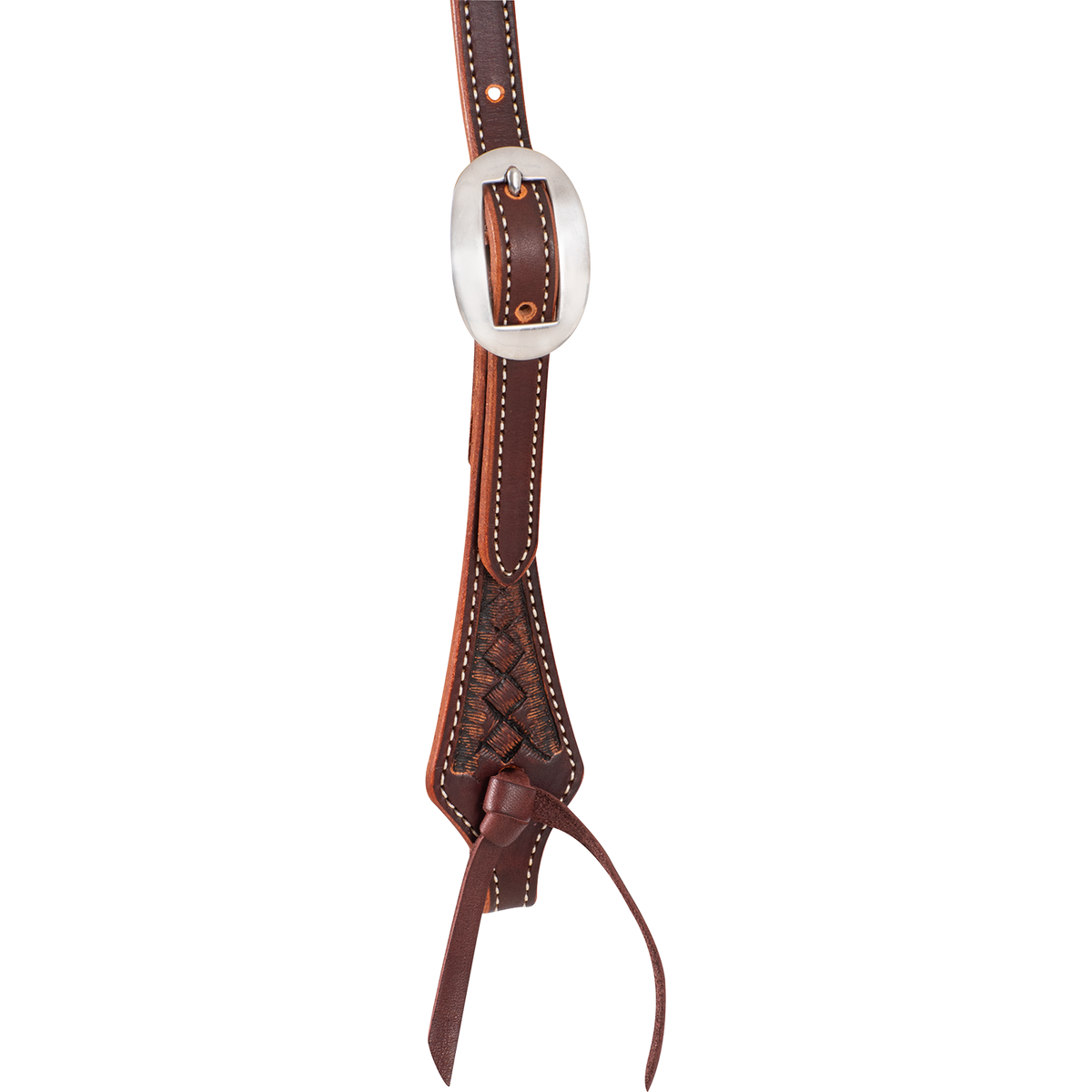 Weathered antique headstall cheek seen up close, with a cart buckle above a weave stamped end and a latigo bit tie. White stitching follows the edges of the strap.