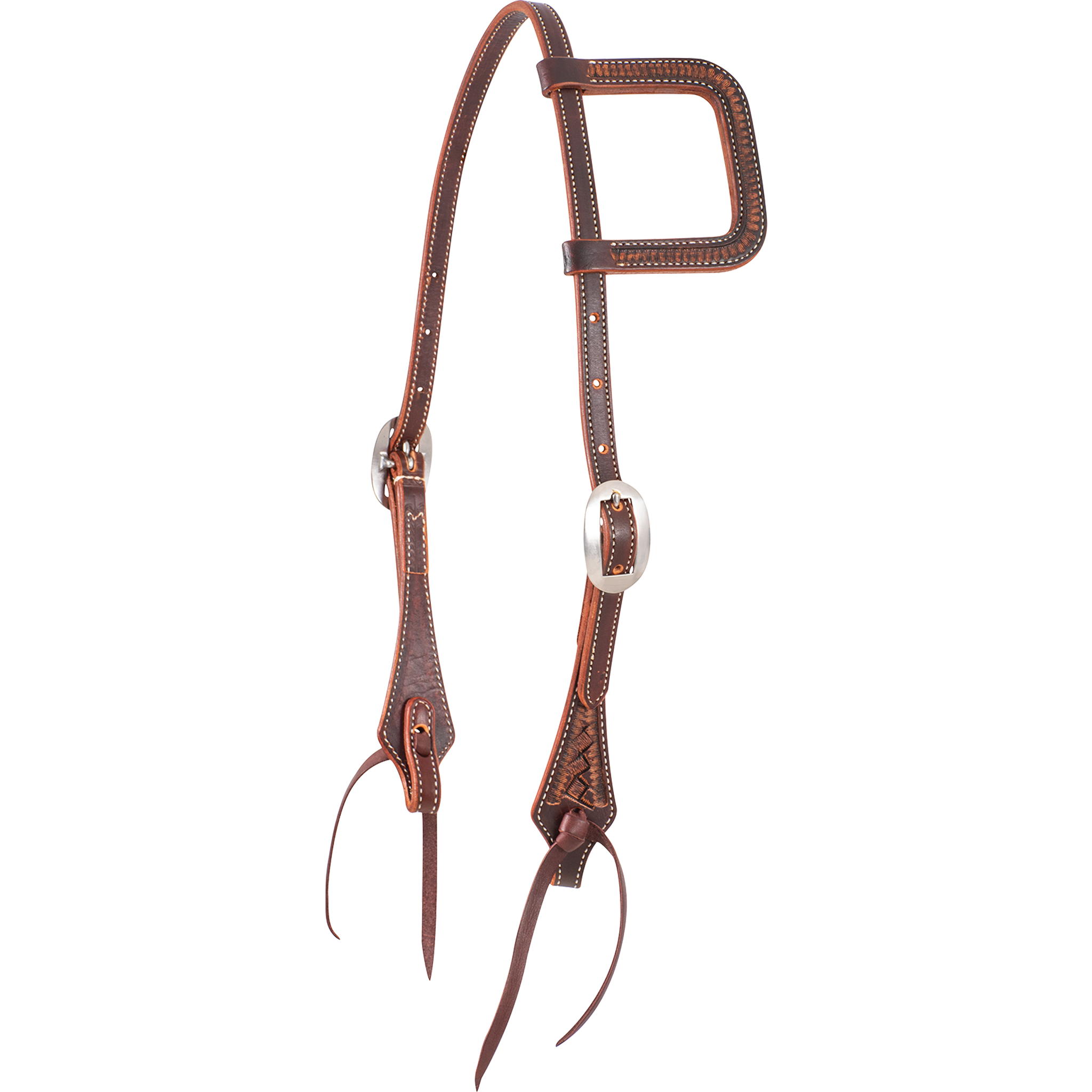 Weathered antique slip ear headstall, seen from the front quarter. The skirting leather has a weave stamp on the ear loop and shaped cheek ends, with cart buckles and latigo bit ties.