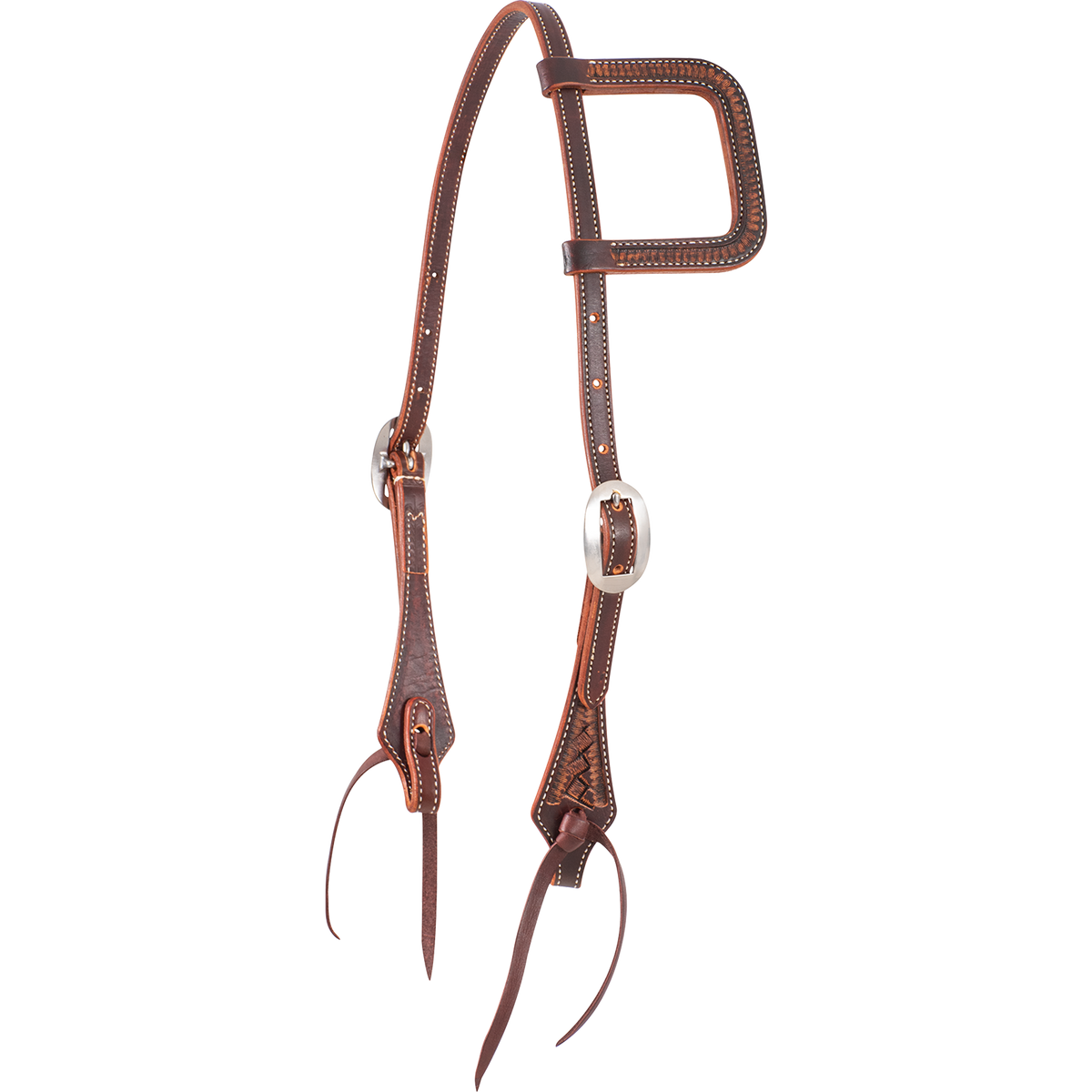 Weathered antique slip ear headstall, seen from the front quarter. The skirting leather has a weave stamp on the ear loop and shaped cheek ends, with cart buckles and latigo bit ties.