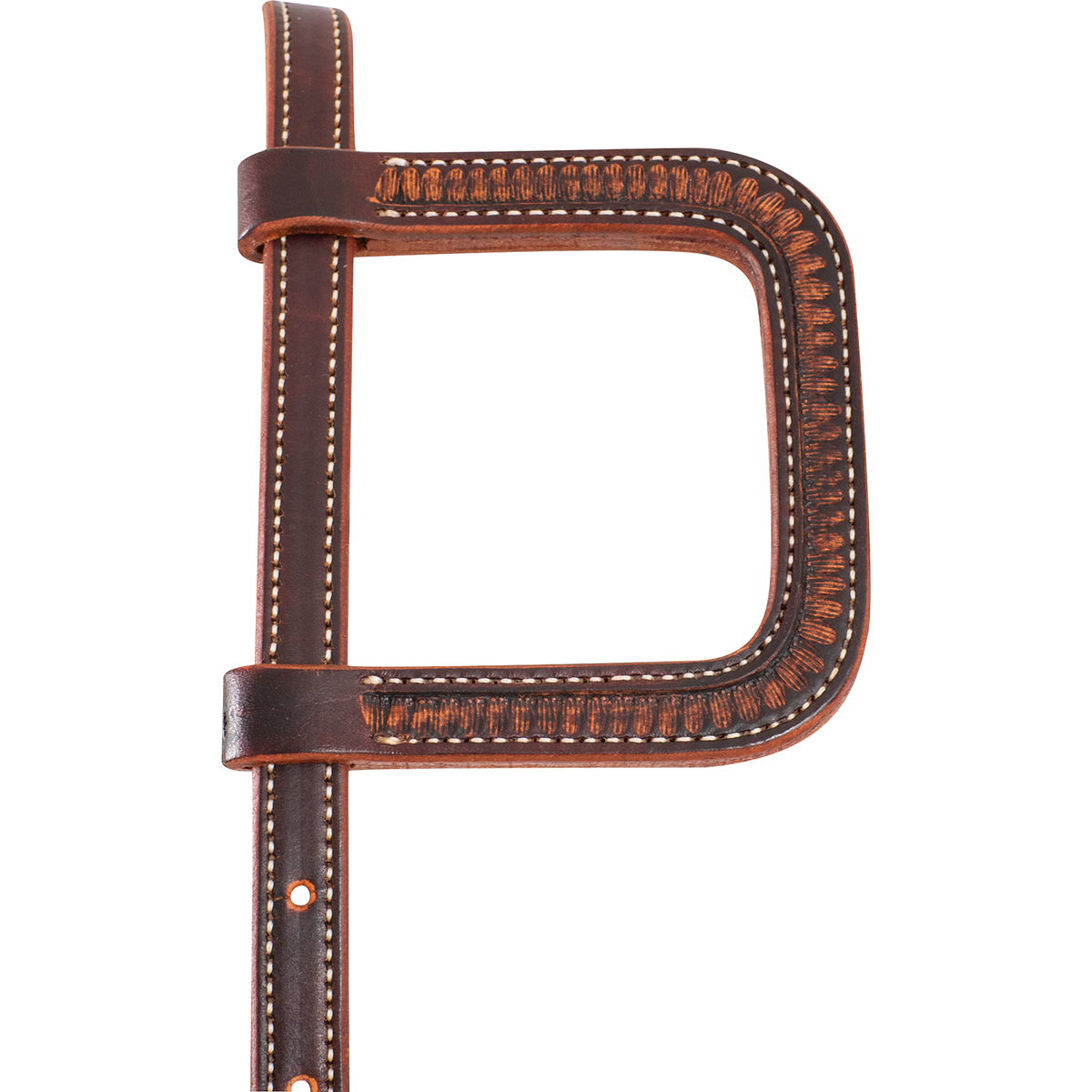 Weathered antique slip ear loop seen up close, with a weave stamp bordered by white stitching. The loop is held to the crown strap by leather keepers.