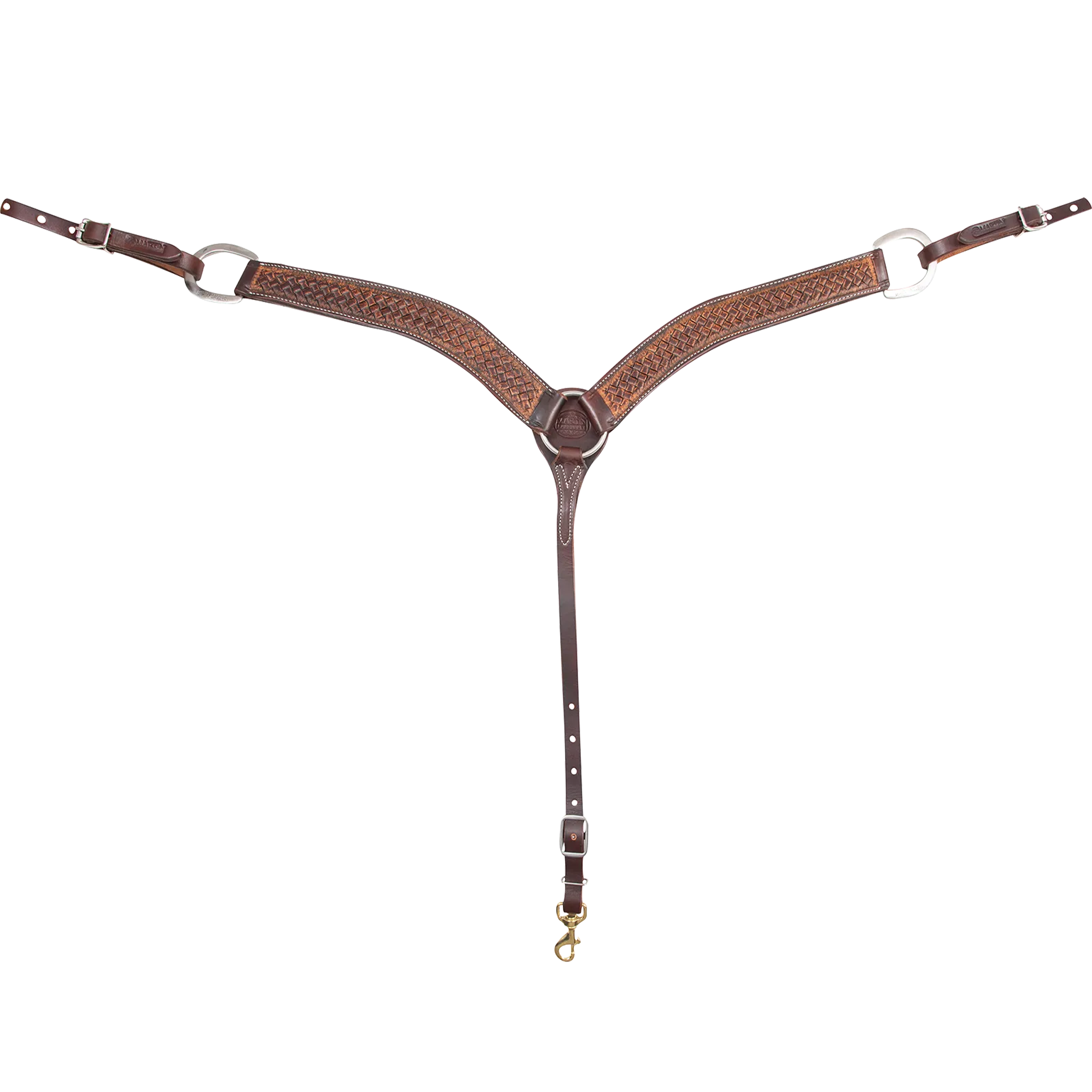 Weathered antique weave tooled breastcollar seen from the front in full. The 2-inch skirting leather shoulder straps meet at a center ring, with buckles at each side and a tie-down strap ending in a snap.