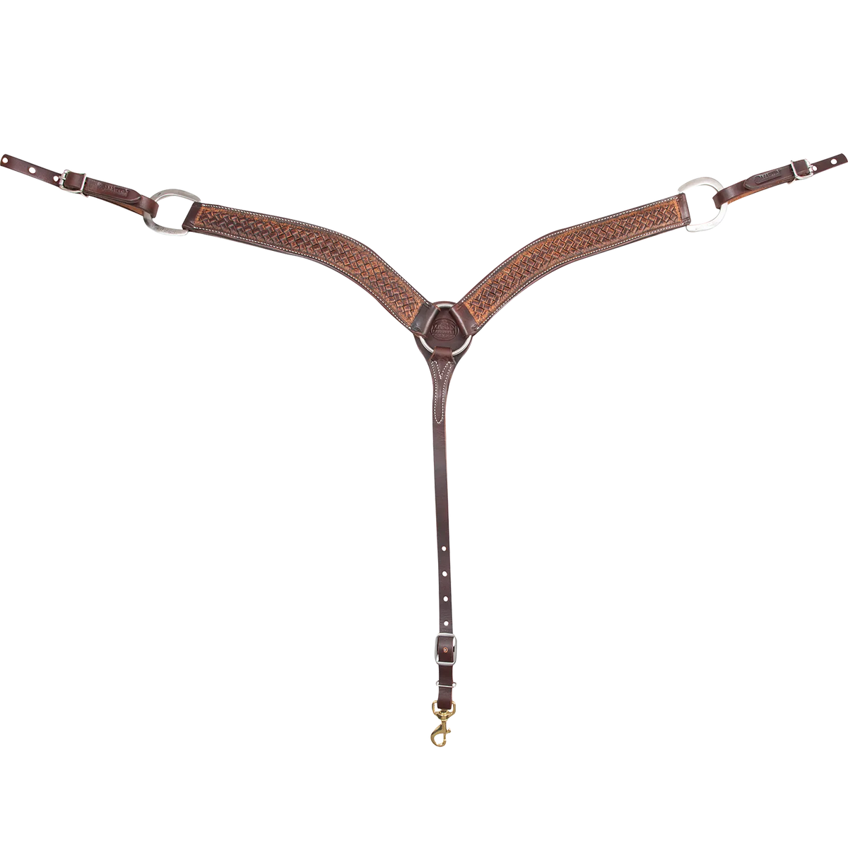 Weathered antique weave tooled breastcollar seen from the front in full. The 2-inch skirting leather shoulder straps meet at a center ring, with buckles at each side and a tie-down strap ending in a snap.