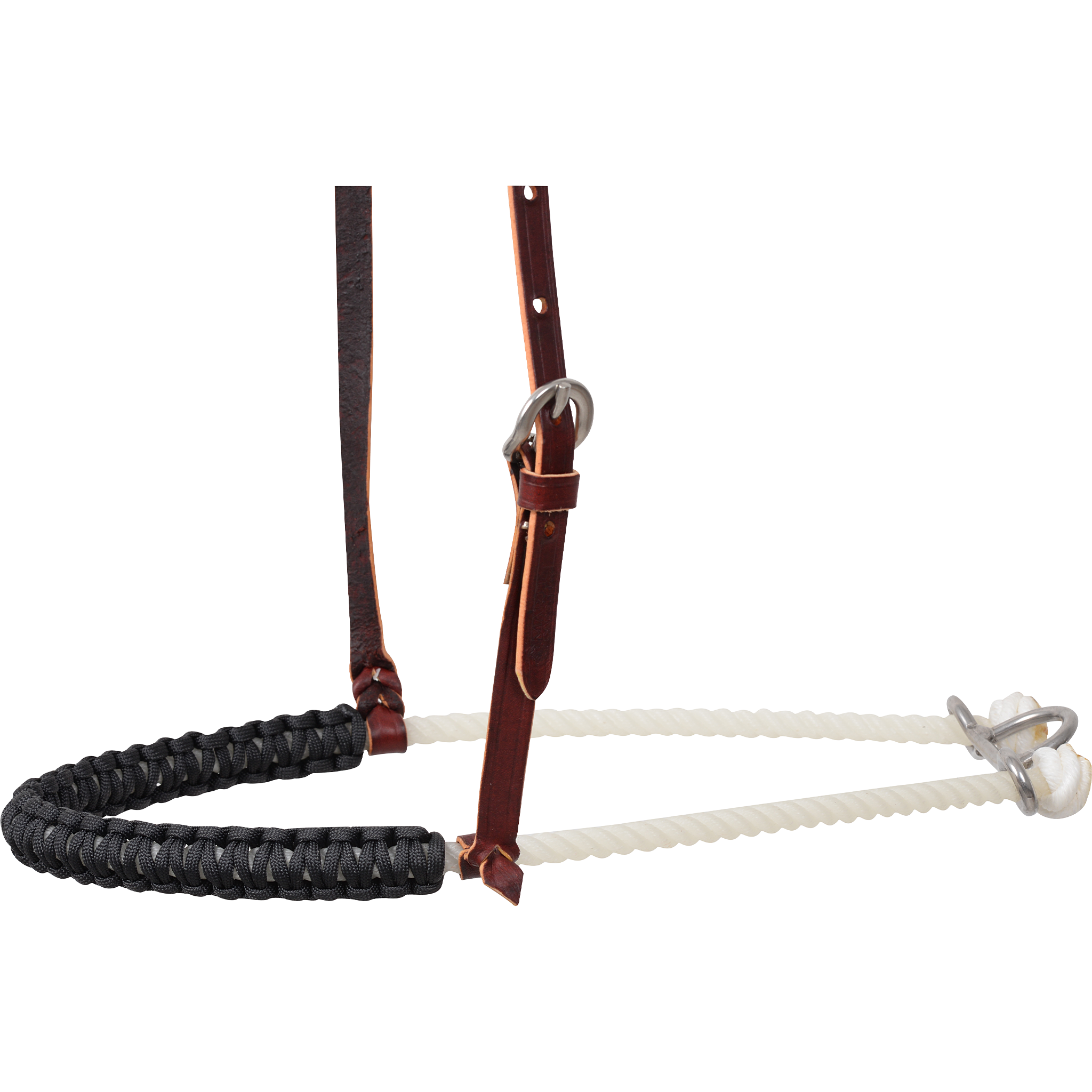 Black braided cord nose piece of a single rope noseband, seen from the side. The braided nylon cover ends at the leather hangers, and white rope runs back to the metal hardware.