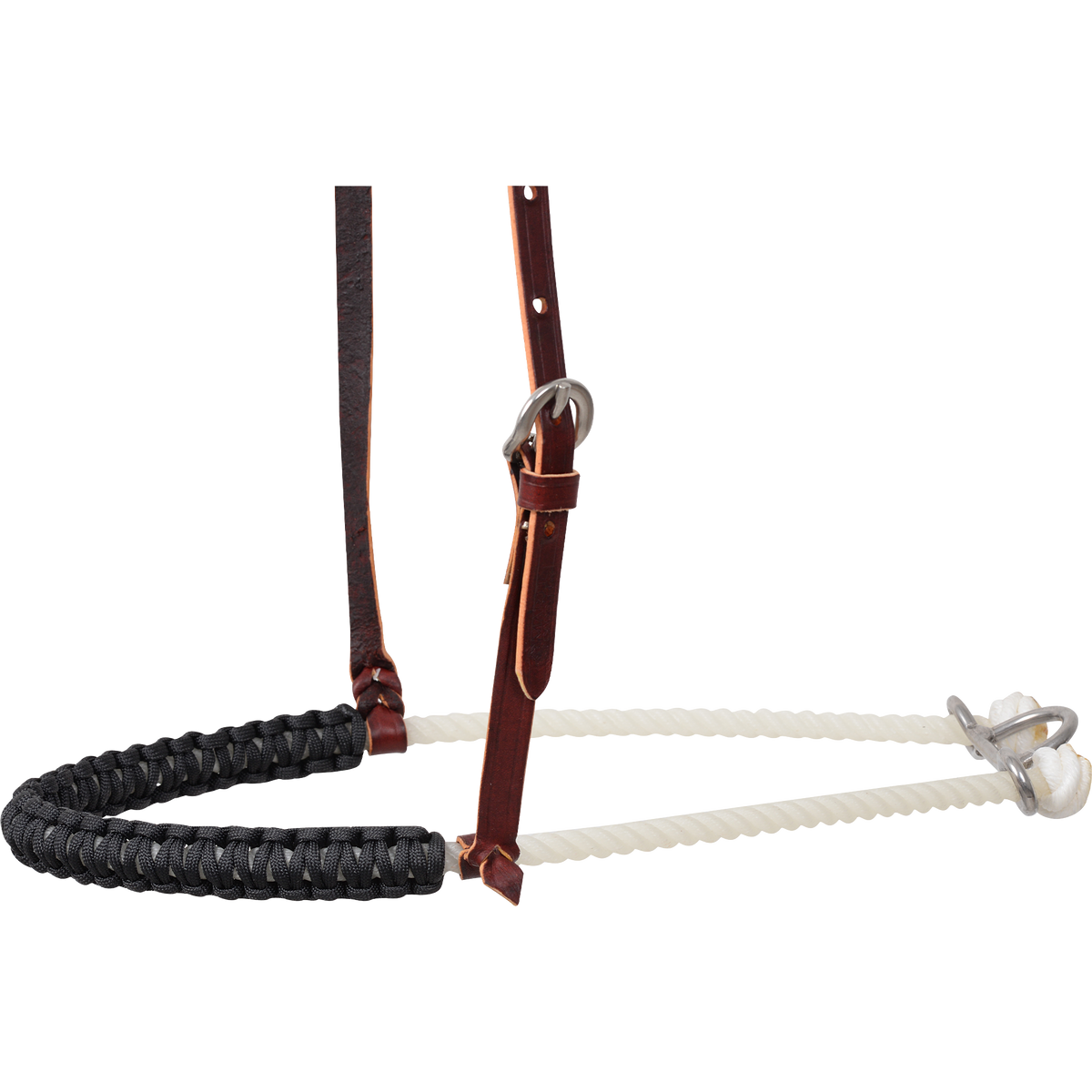 Black braided cord nose piece of a single rope noseband, seen from the side. The braided nylon cover ends at the leather hangers, and white rope runs back to the metal hardware.