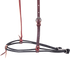 Black nylon cord nose piece of a double rope noseband, seen from the side. Leather keepers space the cords, which run back to metal hardware.