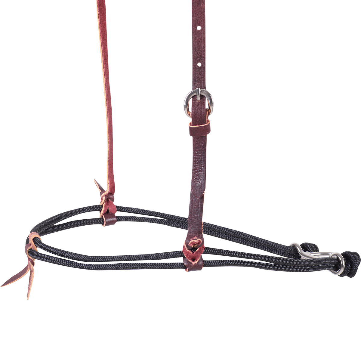 Black nylon cord nose piece of a double rope noseband, seen from the side. Leather keepers space the cords, which run back to metal hardware.