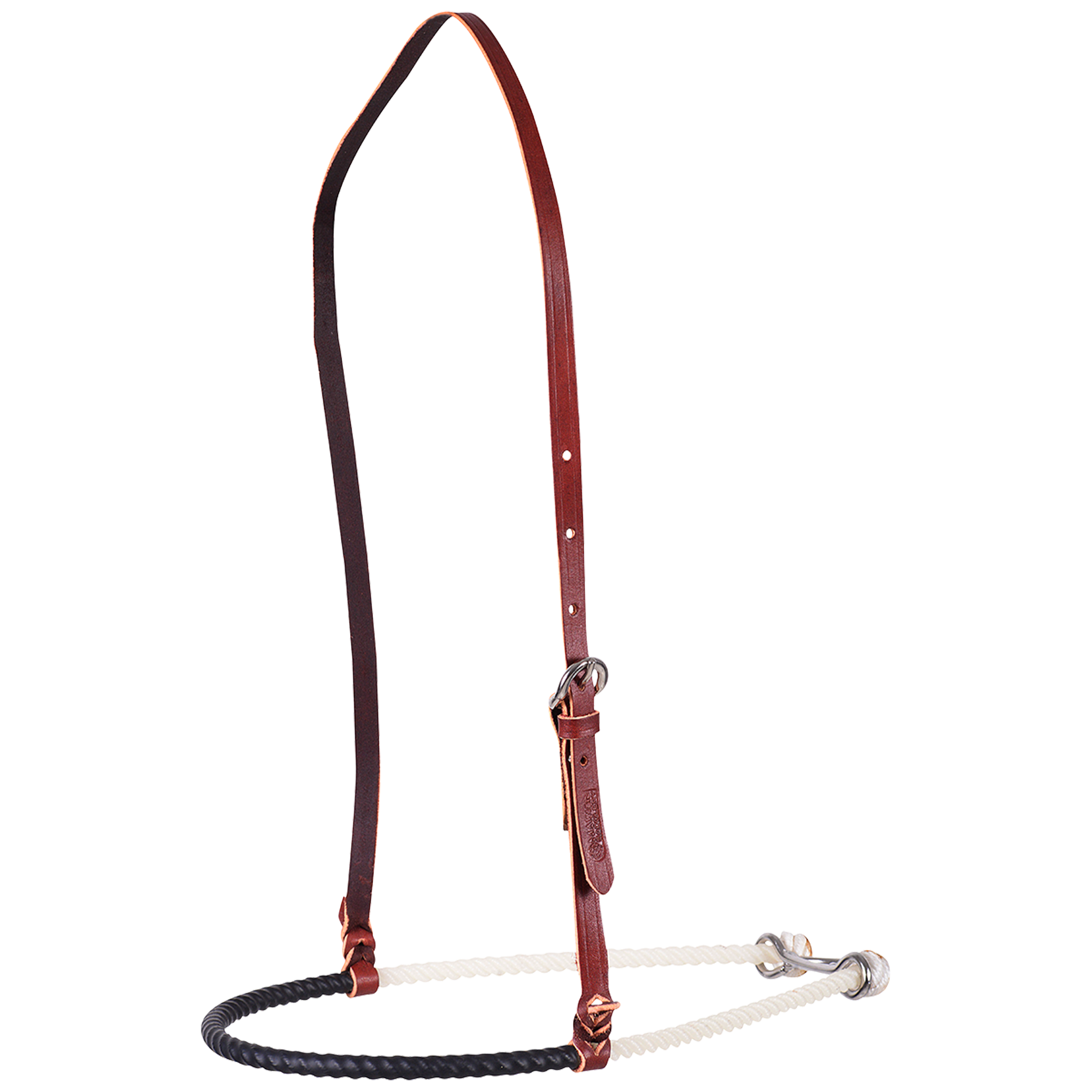 Black shrink wrap single rope noseband, seen from the front quarter. The black cover wraps the front of the white rope, which hangs from an adjustable leather strap with a buckle.