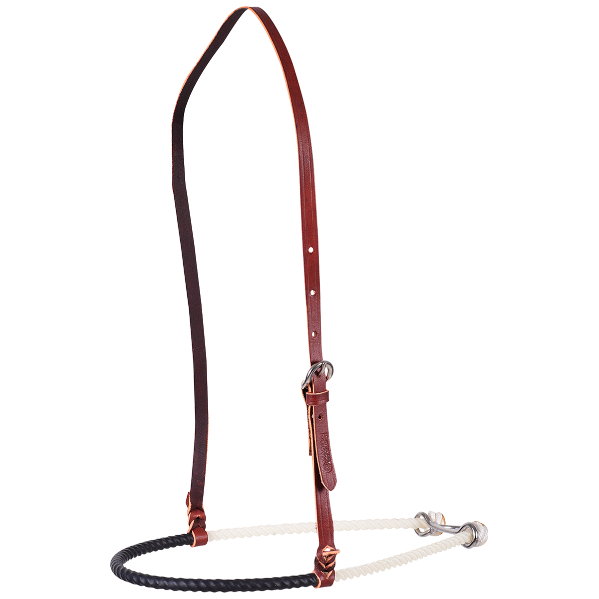 Black shrink wrap single rope noseband, seen from the front quarter. The black cover wraps the front of the white rope, which hangs from an adjustable leather strap with a buckle.