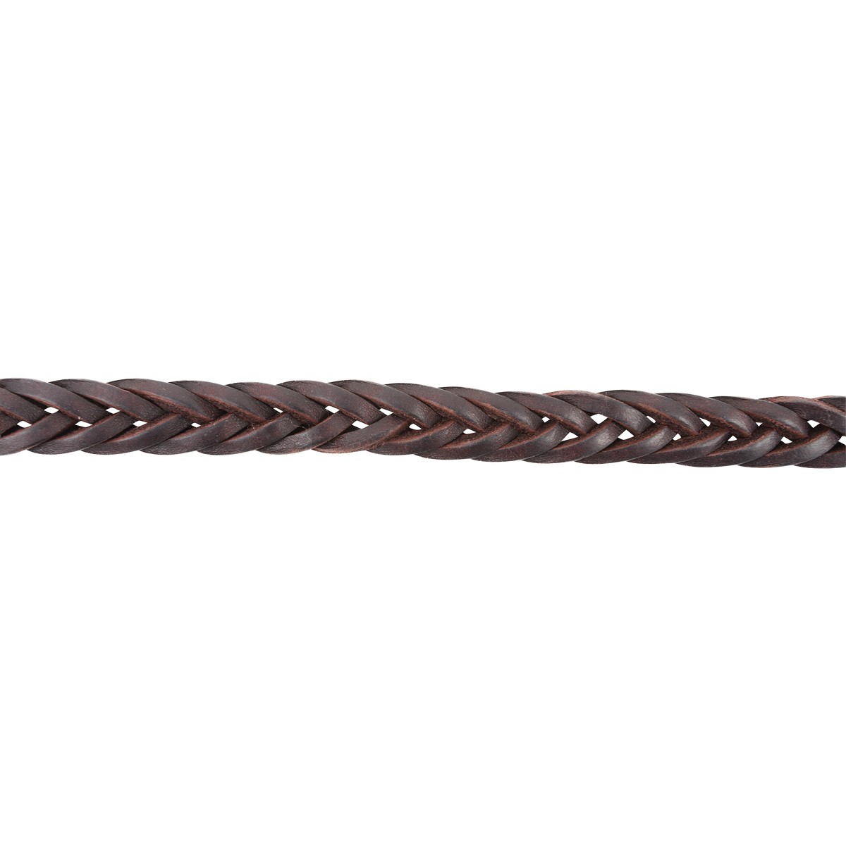 Chocolate latigo braid of a roping rein, seen up close. The 5 plait braid runs straight across with tight, even strands.