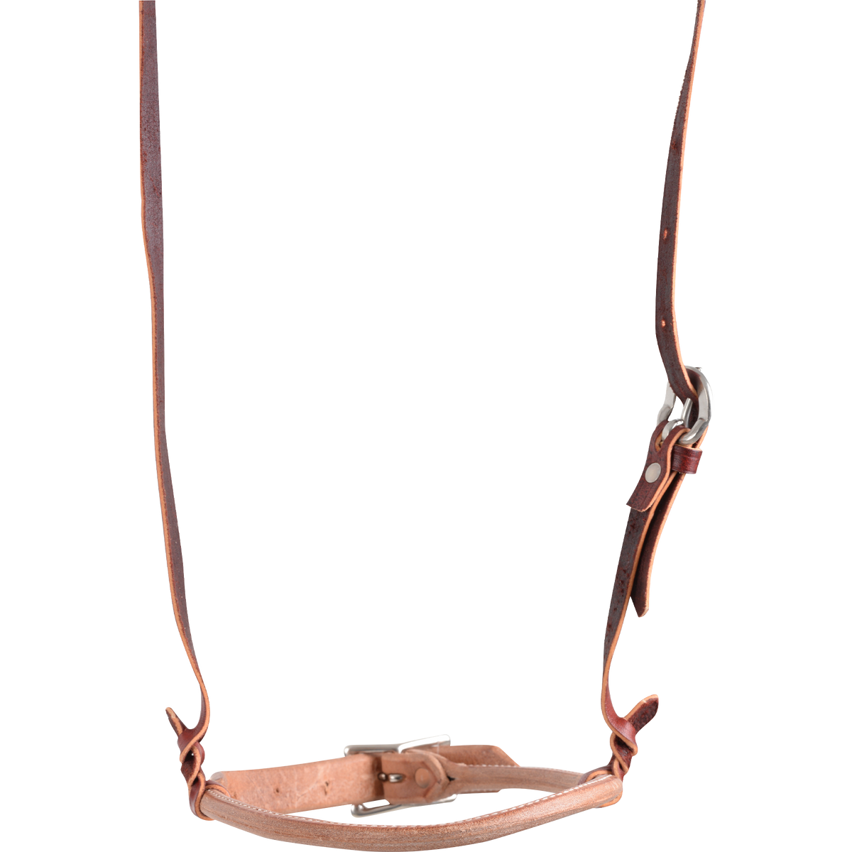 Western cavesson seen from the front, showing the rounded harness leather noseband. The noseband adjusts with a buckle and hangs from dark leather cheek straps.
