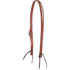 Western split ear headstall in chestnut roughout, seen from the off side. The split ear opening sits at the crown, and latigo ties hang below a cart buckle.