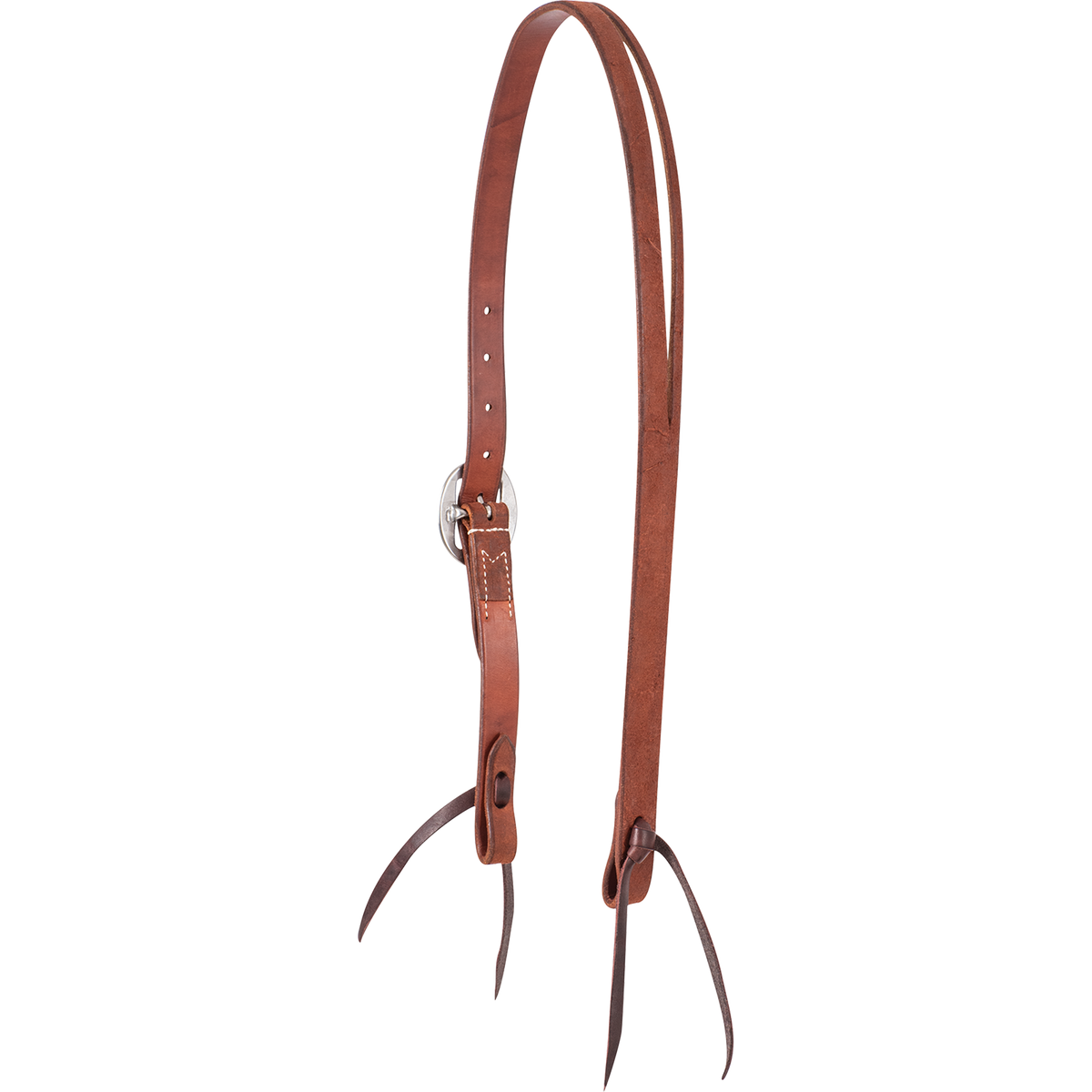 Western split ear headstall in chestnut roughout, seen from the off side. The split ear opening sits at the crown, and latigo ties hang below a cart buckle.