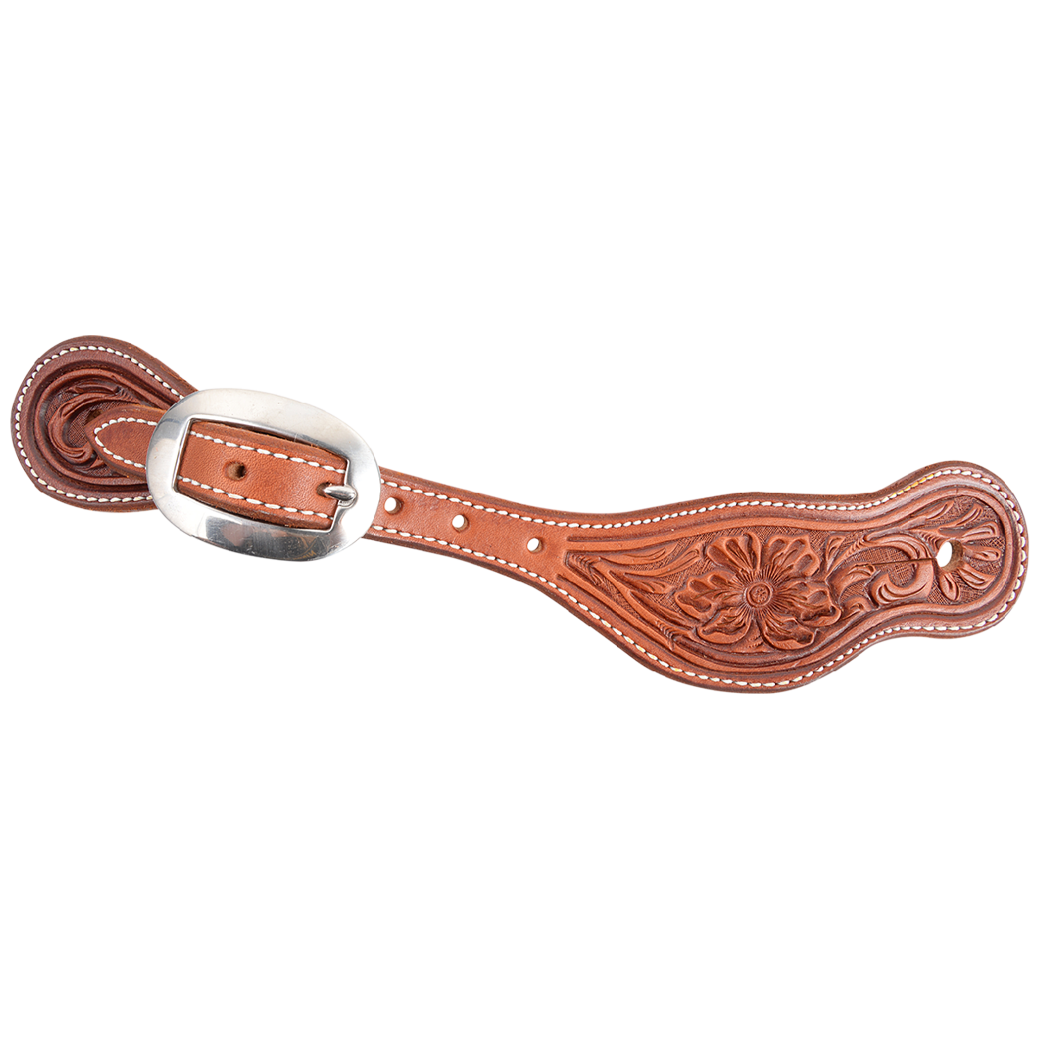 Chestnut Alpine spur strap, seen from above. Alpine flower tooling covers the wide end of the skirting leather, and a stainless steel buckle fastens the stitched strap.