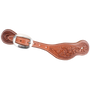 Chestnut Alpine spur strap, seen from above. Alpine flower tooling covers the wide end of the skirting leather, and a stainless steel buckle fastens the stitched strap.