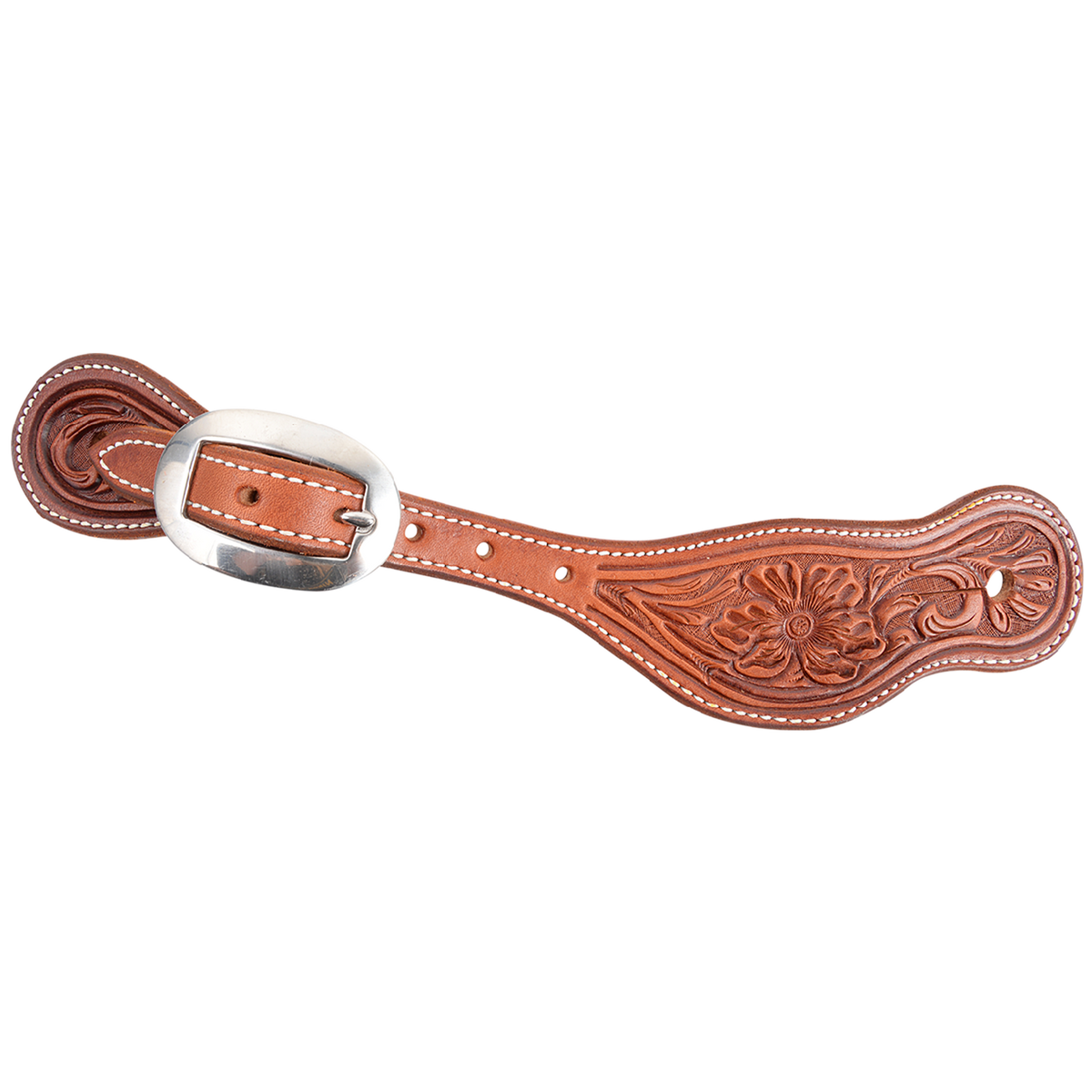 Chestnut Alpine spur strap, seen from above. Alpine flower tooling covers the wide end of the skirting leather, and a stainless steel buckle fastens the stitched strap.
