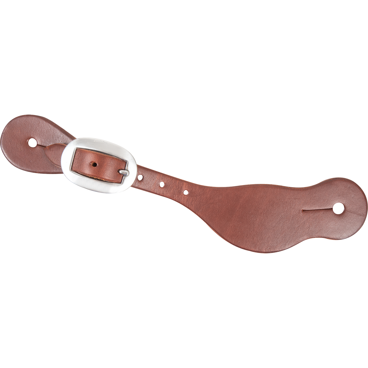 Chestnut smoothout Alpine spur strap, seen from above. The plain smooth leather fastens with a stainless steel buckle and has a slotted hole at each end.