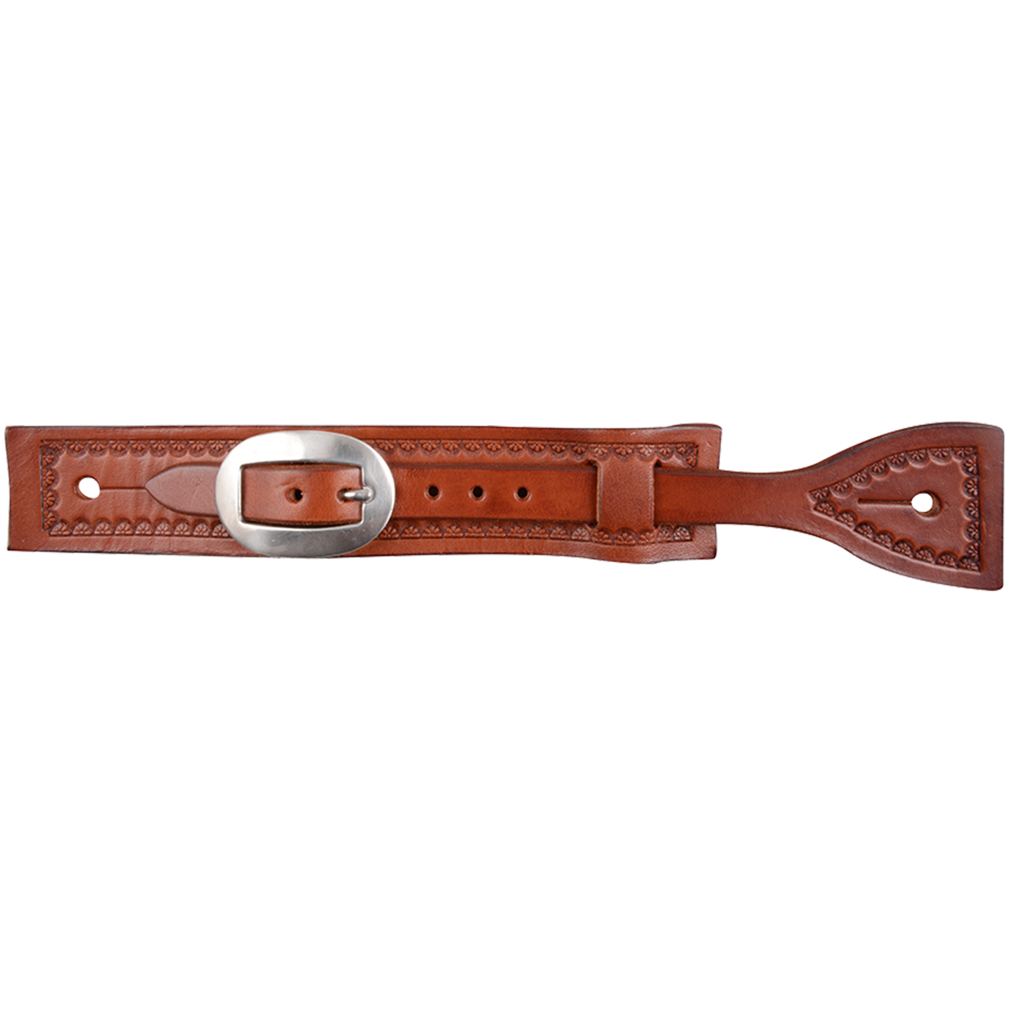 Chestnut square sliding spur strap, seen from above. A camo border frames the square strap, and the sliding strap runs through it to a stainless steel buckle.