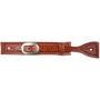 Chestnut square sliding spur strap, seen from above. A camo border frames the square strap, and the sliding strap runs through it to a stainless steel buckle.