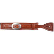 Chestnut square sliding spur strap, seen from above. A camo border frames the square strap, and the sliding strap runs through it to a stainless steel buckle.