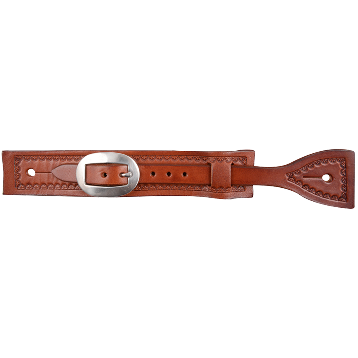 Chestnut square sliding spur strap, seen from above. A camo border frames the square strap, and the sliding strap runs through it to a stainless steel buckle.