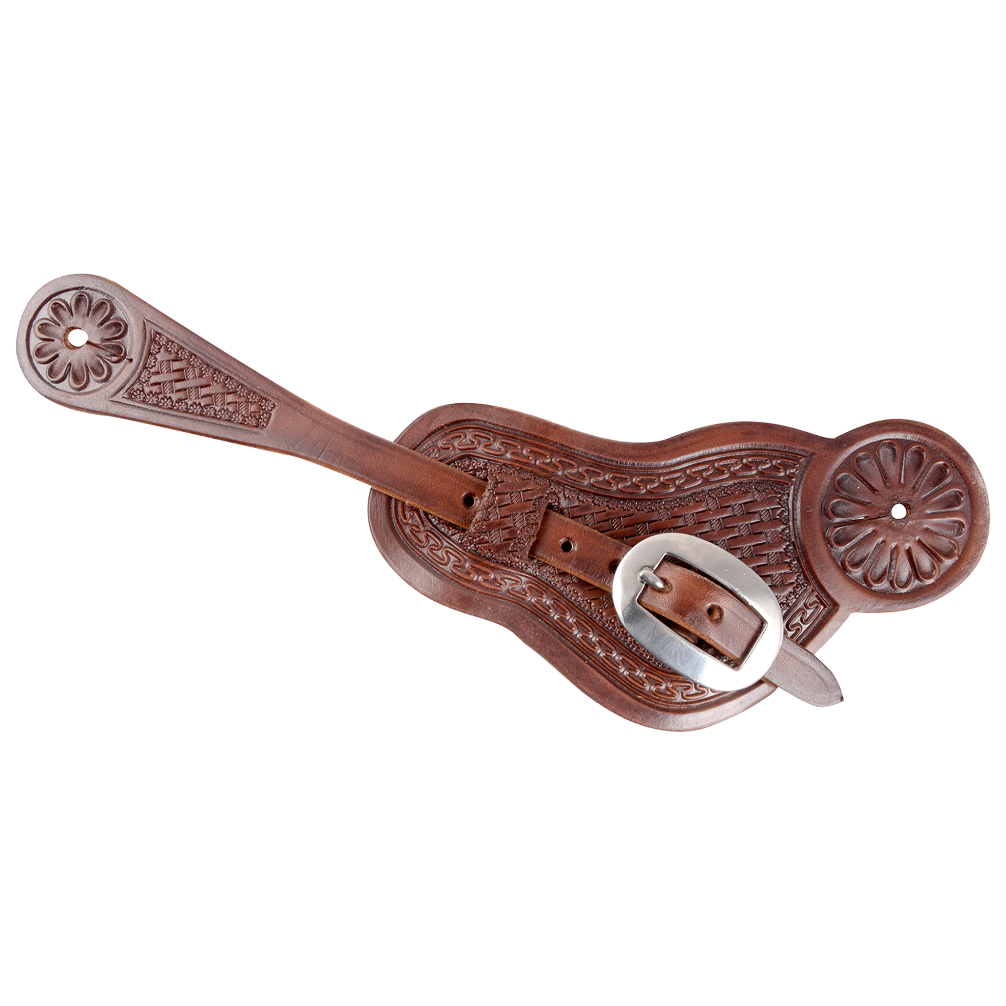 Chocolate buckaroo spur strap, seen from above. Basket stamping fills the shaped strap inside a San Carlos border, with flower stamped ends and a stainless steel buckle.
