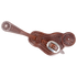 Chocolate buckaroo spur strap, seen from above. Basket stamping fills the shaped strap inside a San Carlos border, with flower stamped ends and a stainless steel buckle.