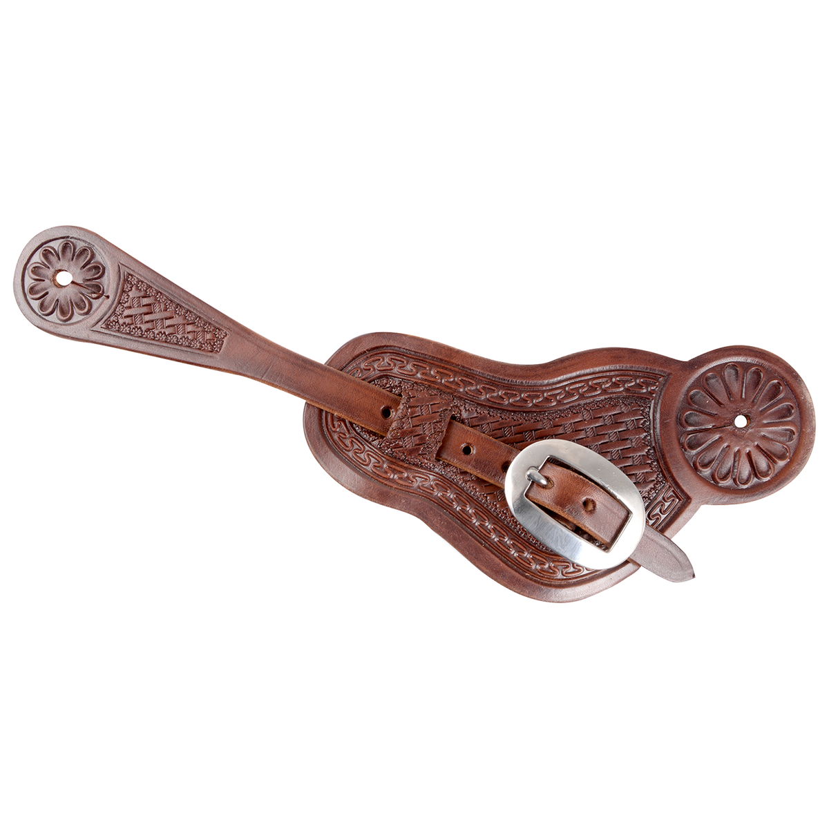 Chocolate buckaroo spur strap, seen from above. Basket stamping fills the shaped strap inside a San Carlos border, with flower stamped ends and a stainless steel buckle.