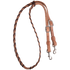 Chocolate latigo laced barrel rein, coiled and seen from above. The 5/8-inch harness leather rein is laced with chocolate latigo through the grip section and ends in buckles with keeper snaps.