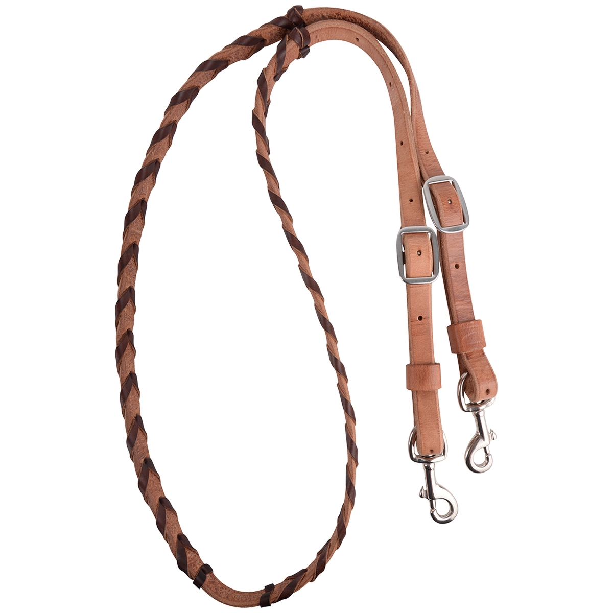Chocolate latigo laced barrel rein, coiled and seen from above. The 5/8-inch harness leather rein is laced with chocolate latigo through the grip section and ends in buckles with keeper snaps.