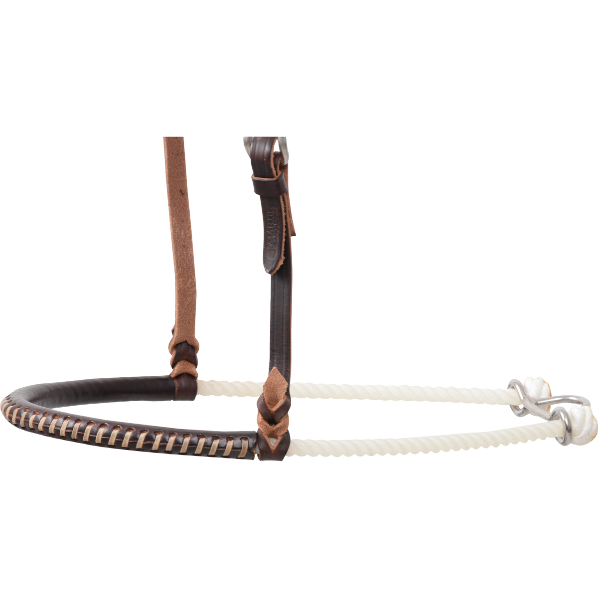 Chocolate laced nose piece of a single rope noseband, seen from the side. Light lacing spirals around the chocolate leather, and white rope continues back to the metal hardware.