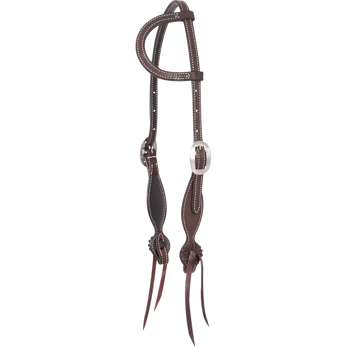 Western ear headstall in chocolate roughout leather, seen from the opposite front quarter. The stitched ear loop sits at the top, and both cheeks end in rosettes with latigo strings below cart buckles.