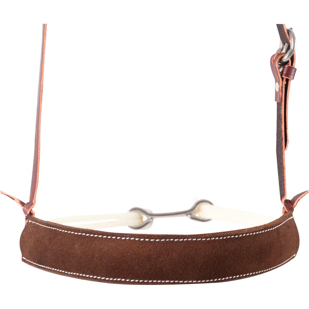 Chocolate roughout cover of a double rope noseband, seen from the front. White stitching runs along the top and bottom edges, with white rope and a metal connector behind.