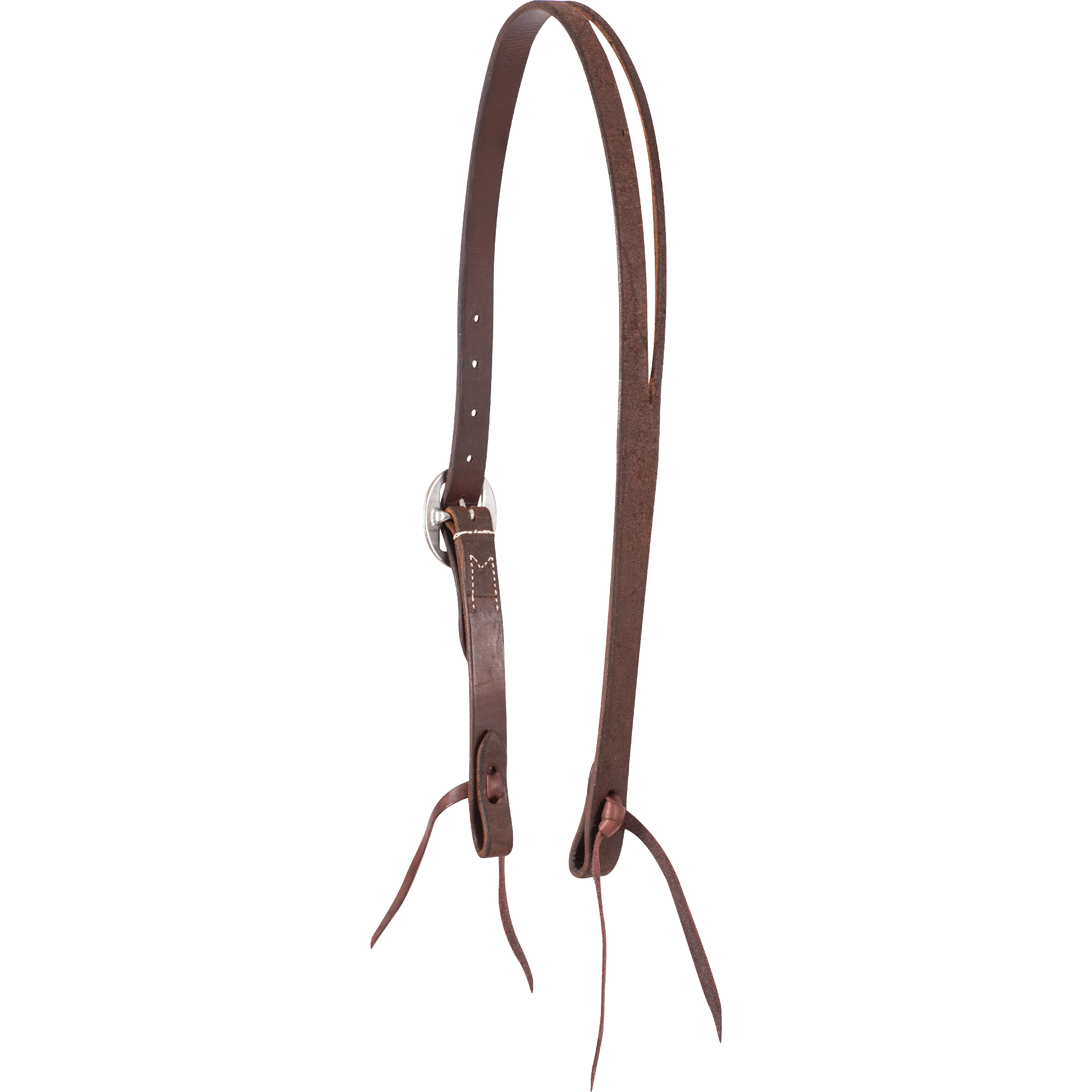 Western split ear headstall in chocolate roughout, seen from the off side. The strap splits at the crown for the ear and carries a cart buckle and bit ties.