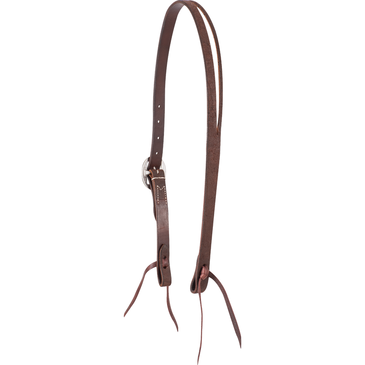 Western split ear headstall in chocolate roughout, seen from the off side. The strap splits at the crown for the ear and carries a cart buckle and bit ties.