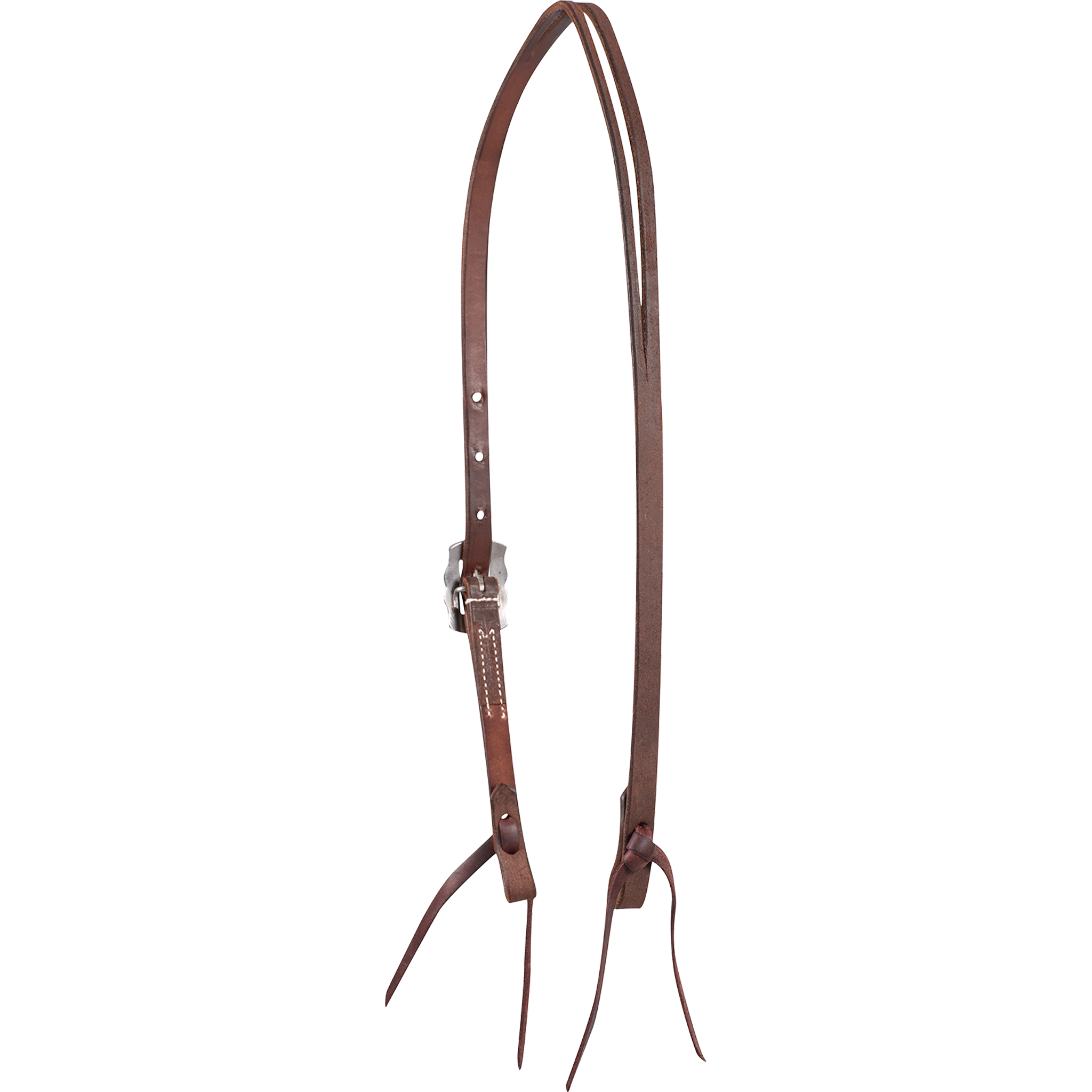 Western split ear headstall in chocolate roughout, seen from the off side with the buckle turned away. The split ear opening sits at the crown, and latigo ties hang from both cheek ends.