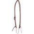 Western split ear headstall in chocolate roughout, seen from the off side with the buckle turned away. The split ear opening sits at the crown, and latigo ties hang from both cheek ends.