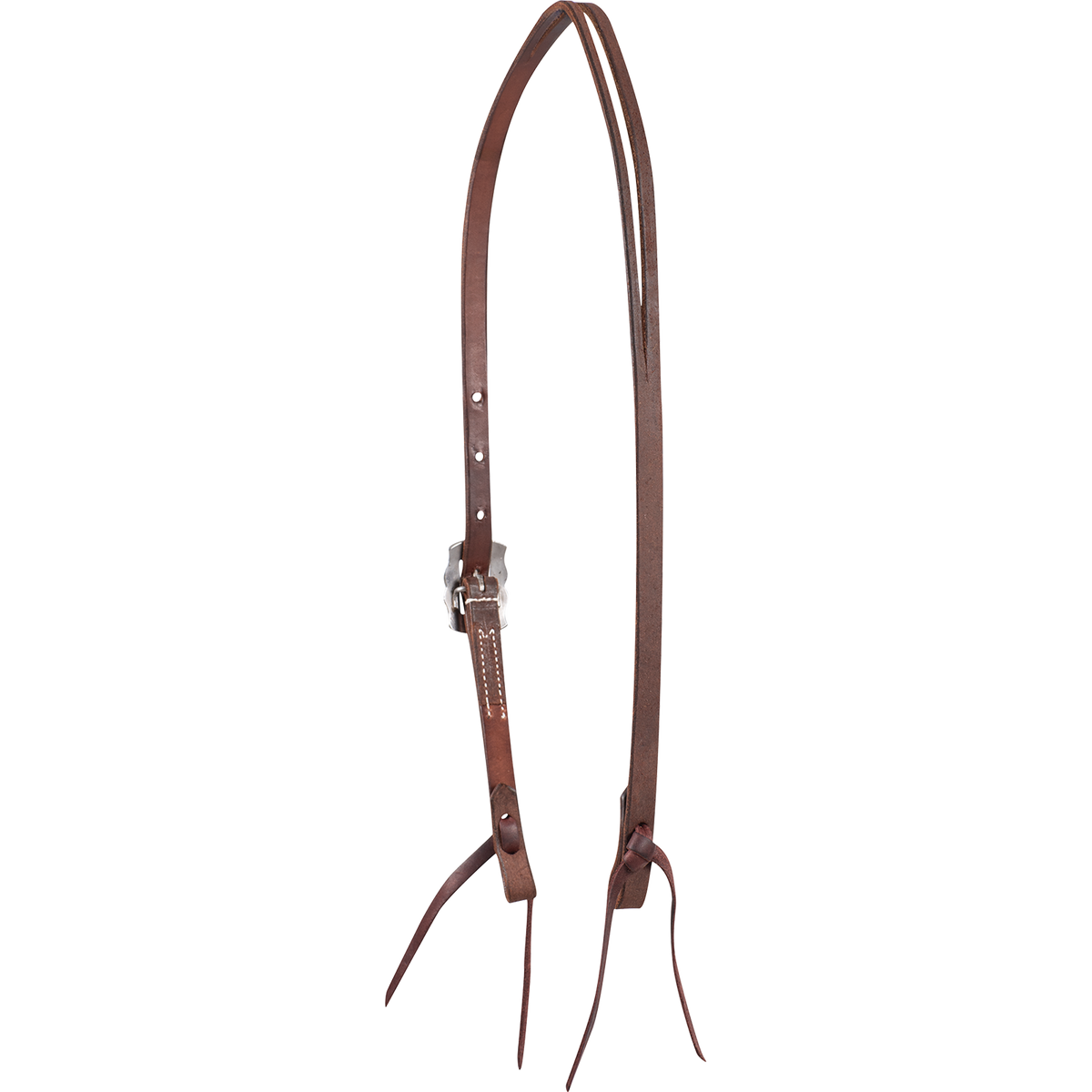 Western split ear headstall in chocolate roughout, seen from the off side with the buckle turned away. The split ear opening sits at the crown, and latigo ties hang from both cheek ends.