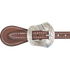 Salinas buckle on a chocolate roughout spur strap, seen up close. Scroll engraving covers the shaped buckle, with white stitching on the strap around it.