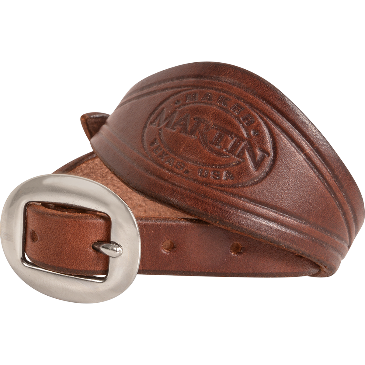 Chocolate smooth leather stirrup hobble strap rolled up, seen up close. The Martin maker stamp sits on the wide part of the strap behind the cart buckle.