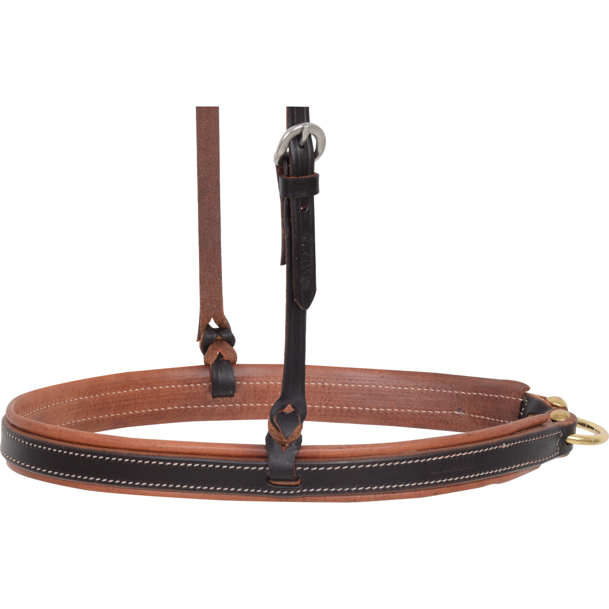 Chocolate stitched noseband seen from the side, with the dark leather center stitched onto a lighter lining. Leather hangers tie on with knots, and a ring sits at the back.