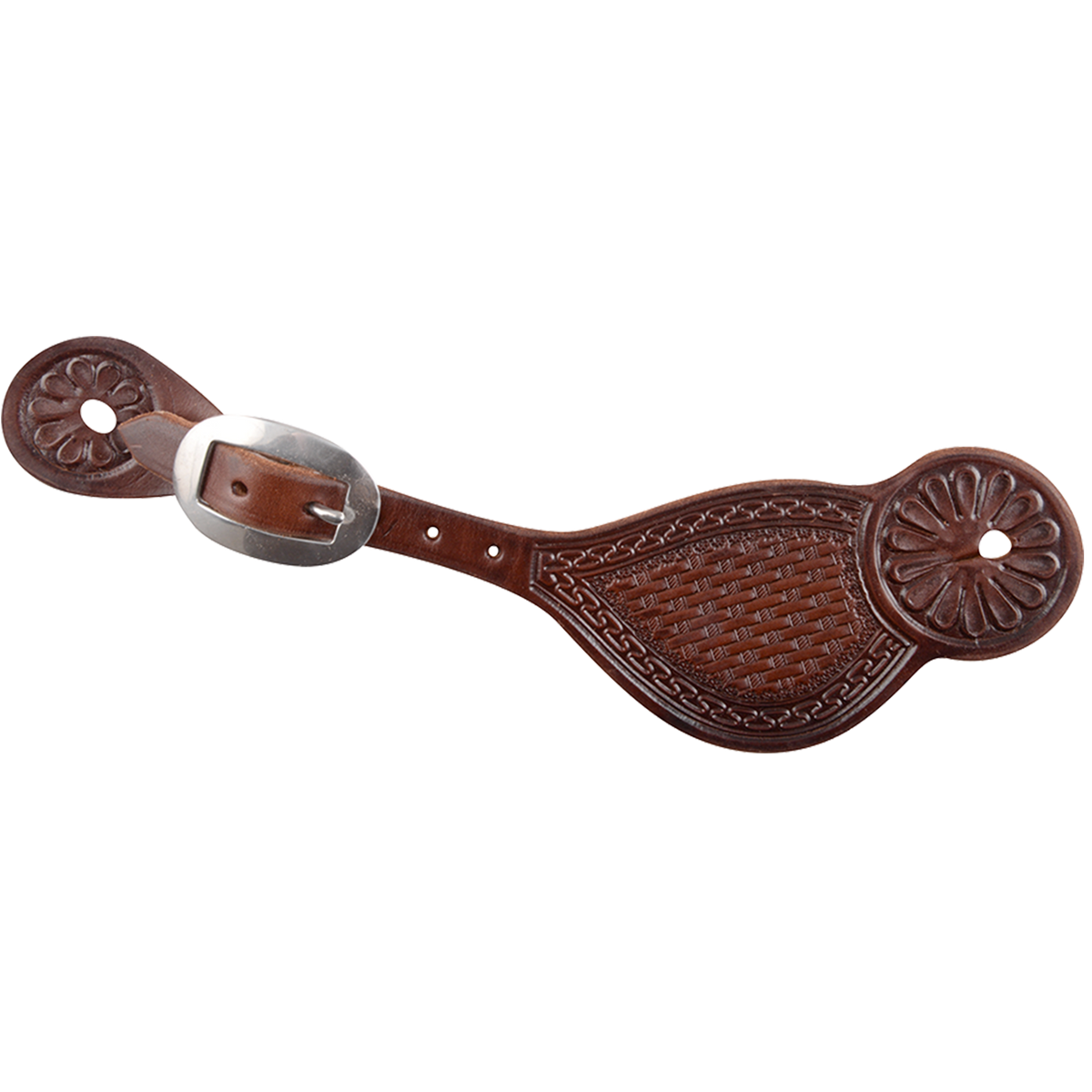 Chocolate Tombstone spur strap, seen from above. Basket tooling sits inside a San Carlos border, with flower stamped ends and a stainless steel buckle.