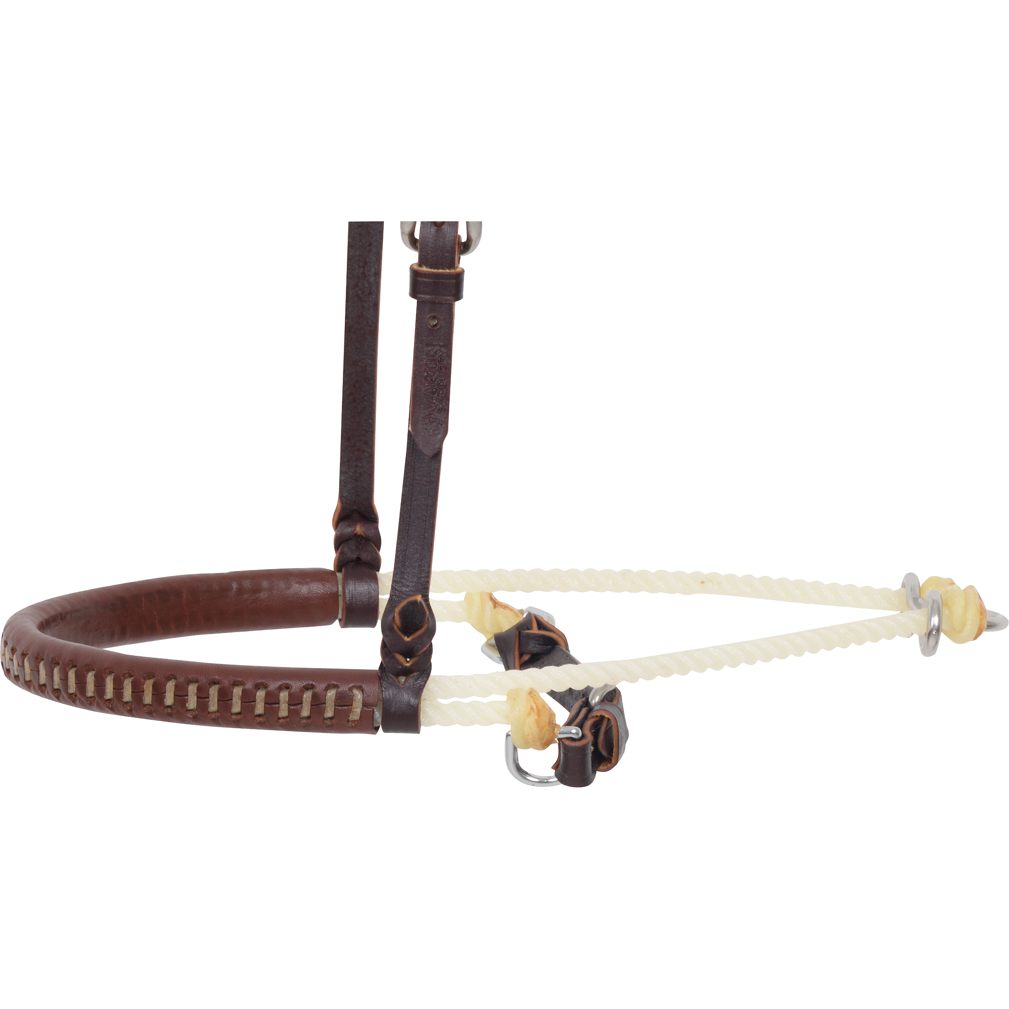 Double rope cavesson noseband seen from the side. The laced leather-covered nose piece leads back to white rope and a dark cavesson strap with a buckle.